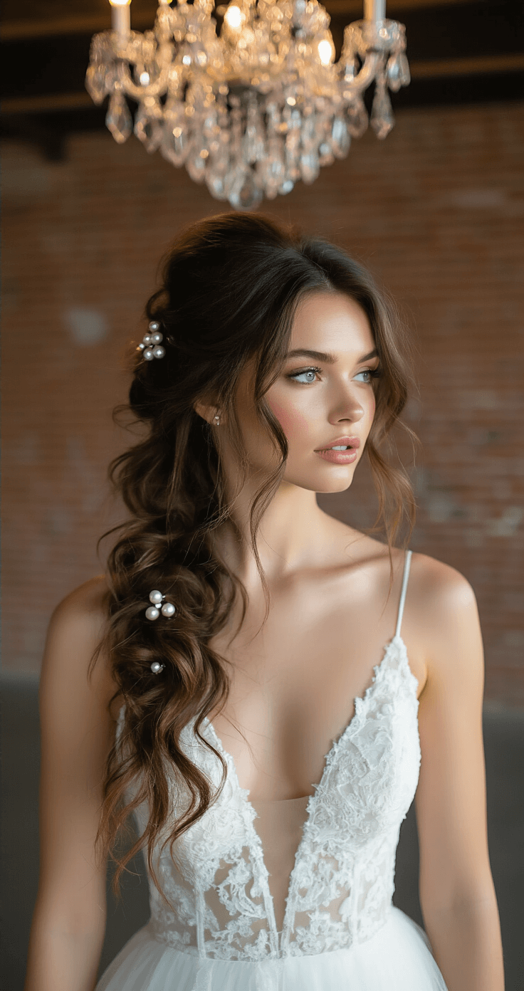 Modern bridal portrait featuring a bride with voluminous half-up hairstyle adorned with vintage pearl pins, set against an exposed brick backdrop. The scene is illuminated by a crystal chandelier during blue hour, captured with a Canon R5 camera.