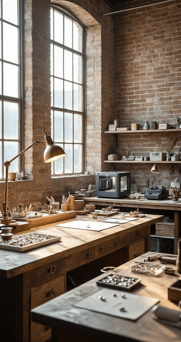 A sunlit jewelry studio with exposed brick walls and industrial windows showcases a master jeweler working on a custom ring design at a weathered oak workbench, surrounded by gemstone samples and precision tools, with a mix of cool morning light and warm task lighting creating dynamic shadows.