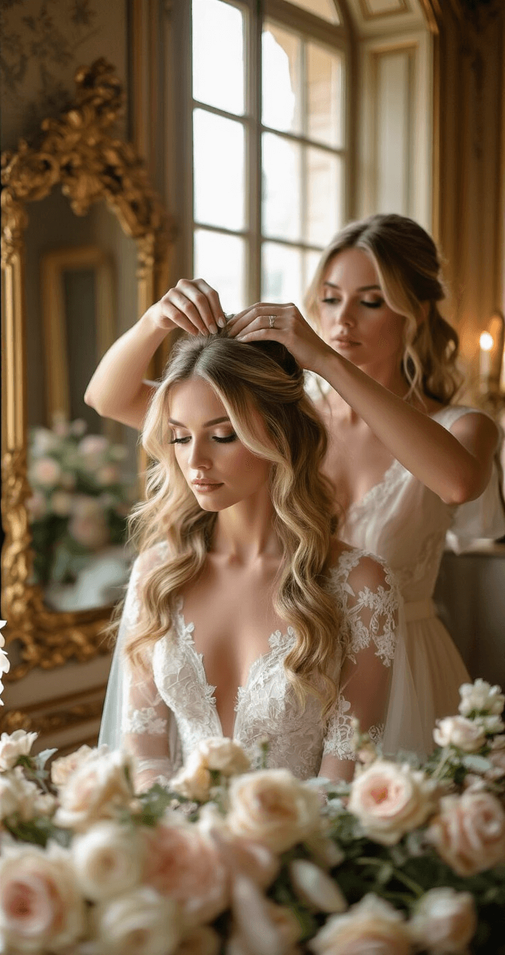 A bride in a French château suite, bathed in soft morning light, with a hairstylist adding volume to her honey-blonde waves. Antique gilded mirrors reflect intricate styling details, surrounded by scattered roses and silk ribbons.