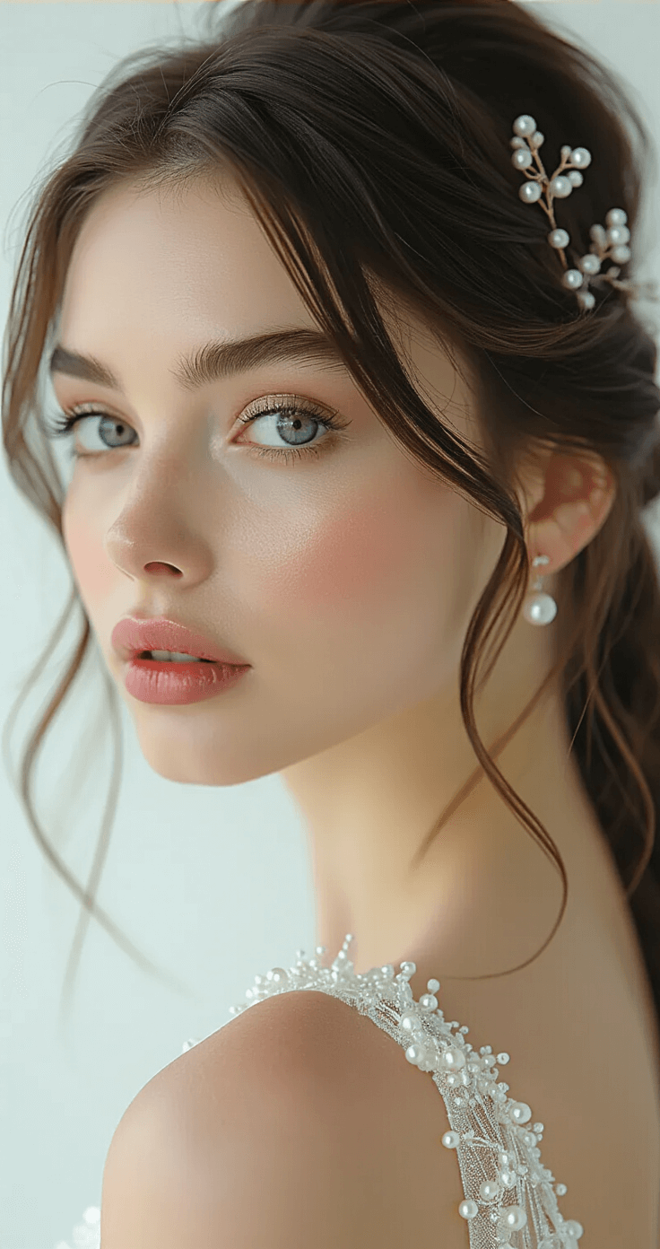 Close-up of a contemporary bridal hairstyle featuring face-framing layers and a half-up style, adorned with pearl-studded pins, shot in a minimalist white studio that highlights hair texture and color.