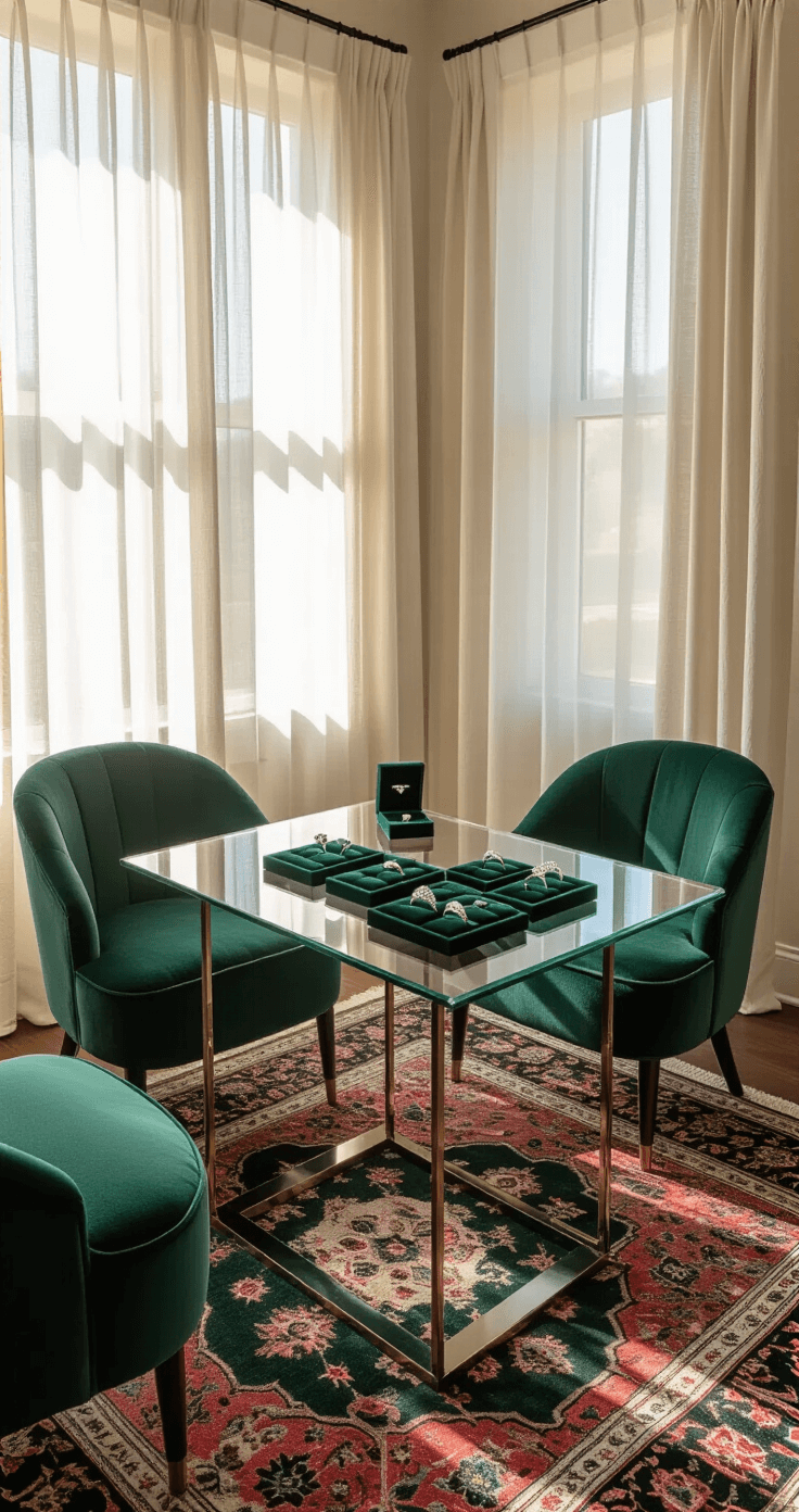 An intimate consultation space featuring deep emerald velvet seating, a glass-topped table showcasing engagement rings on black velvet pads, and floor-to-ceiling windows draped in sheer linen. A vintage Persian rug in muted jewel tones anchors the room, with soft afternoon light and accent lighting enhancing the luxurious yet approachable atmosphere.