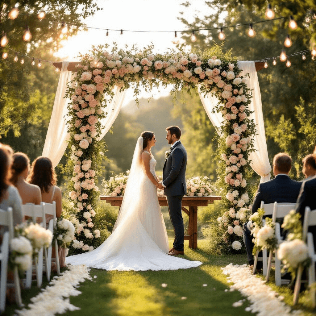 Flower Garlands: The Ultimate Guide to Creating Stunning Decor for Any Occasion A beautiful garden wedding ceremony featuring a floral arch adorned with white roses and blush peonies, with a couple standing at a rustic wooden altar. White chairs lined with flower garlands face the altar under crisscrossed string lights, while soft fabric billows in the gentle breeze.