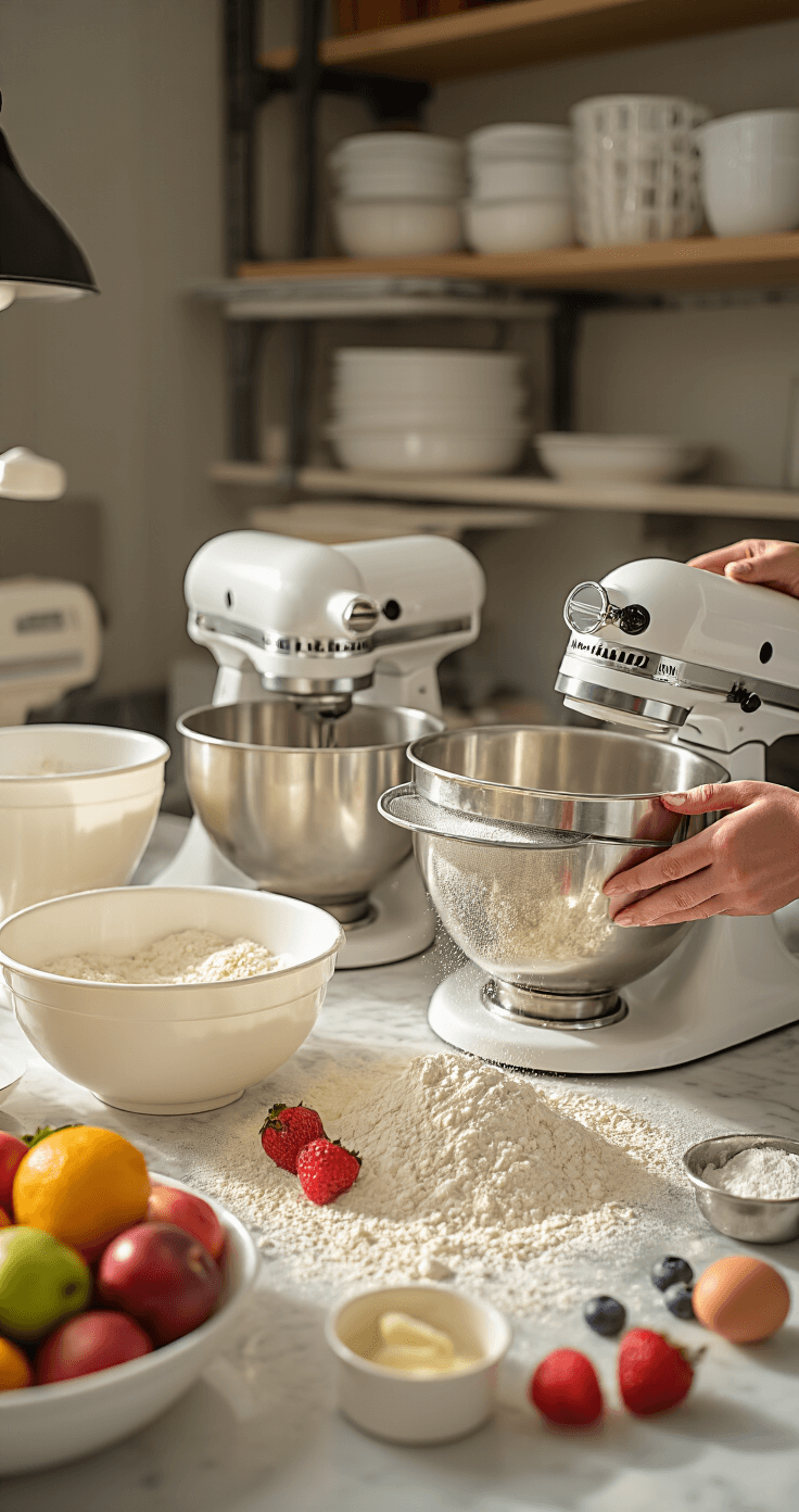 A sun-lit bakery kitchen featuring mixing bowls, measuring cups, and a stand mixer on a marble countertop, with fresh fruits nearby and a baker sifting flour, creating a powdery cloud in the warm light.
