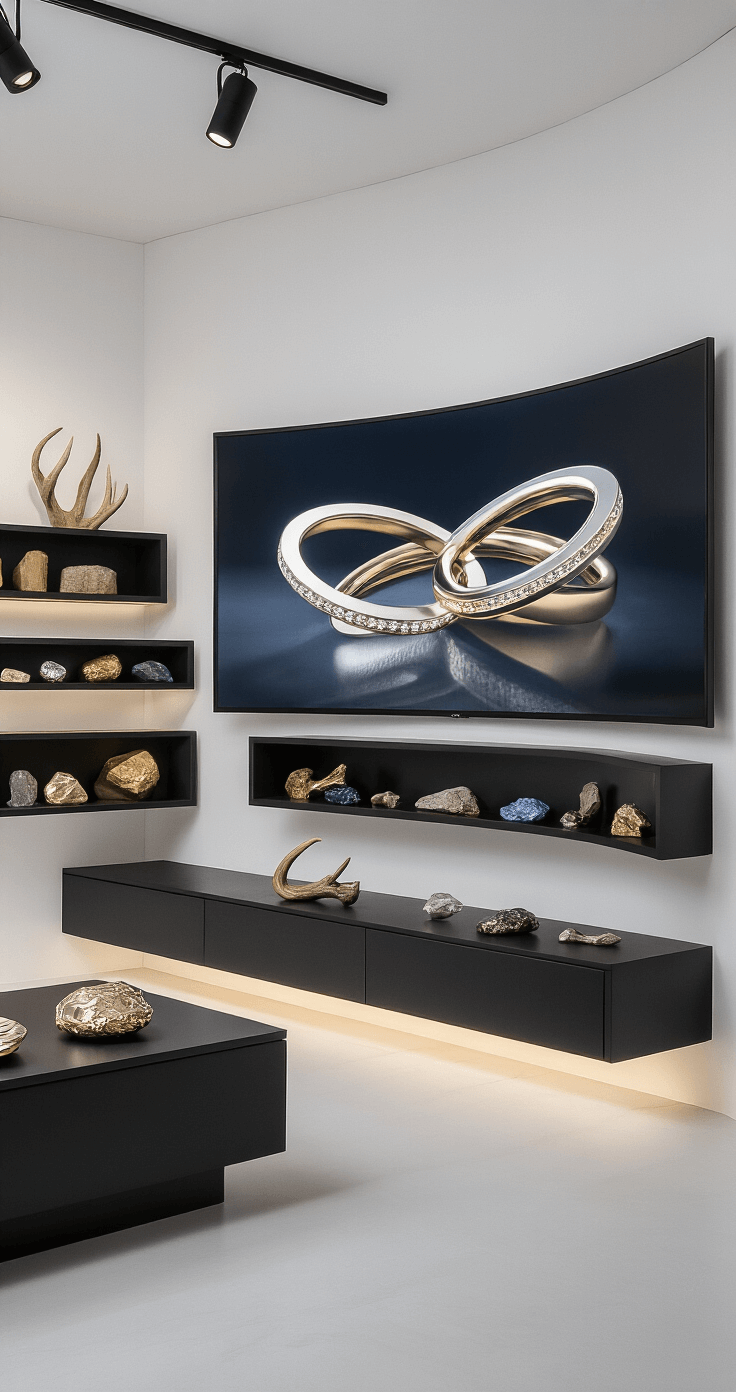 A modern design studio with a curved ultra-HD display showcasing 3D ring renderings, minimalist white walls contrasting with matte black furnishings, and floating shelves displaying samples of precious metals, gemstones, and alternative materials like wood and antler, illuminated by early evening LED lighting, captured in a wide-angle lens to highlight the innovative and sophisticated atmosphere.