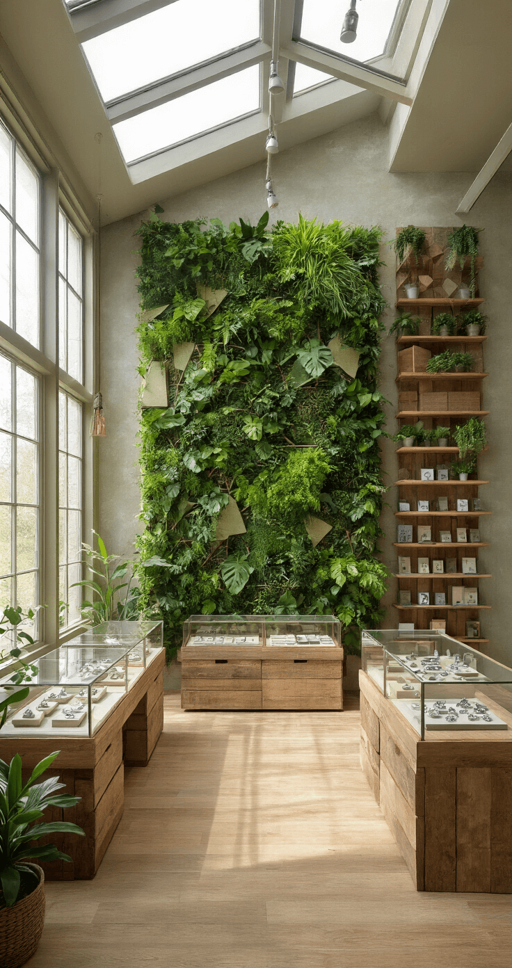 An eco-conscious showroom featuring a living plant wall and reclaimed wood displays, illuminated by natural light from skylights, showcases lab-grown diamond samples in geometric arrangements. The space is accented with bamboo flooring and hemp fabric wall panels in sage green, creating a blend of organic luxury and sustainability.