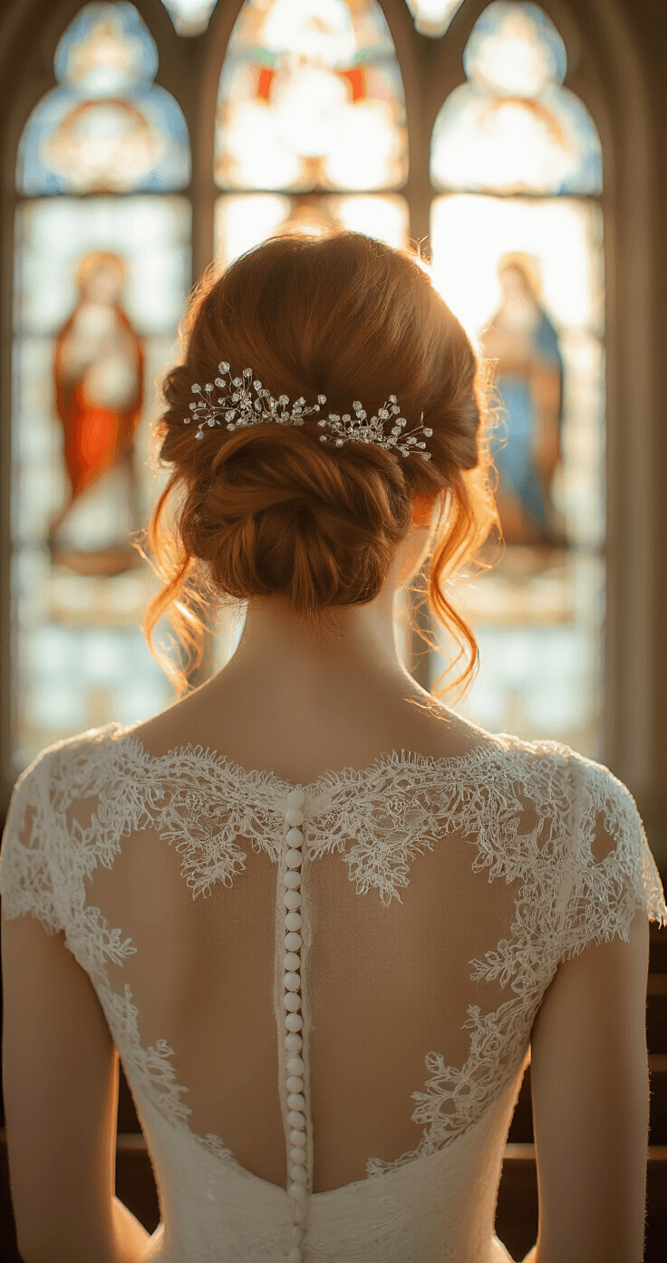 A bride with shoulder-length copper hair styled in a low twisted bun adorned with crystal hair pins and baby's breath, wearing an ivory lace dress with an illusion neckline, is illuminated by golden hour sunlight streaming through an ornate church window, captured from behind with dust particles dancing in the warm light.