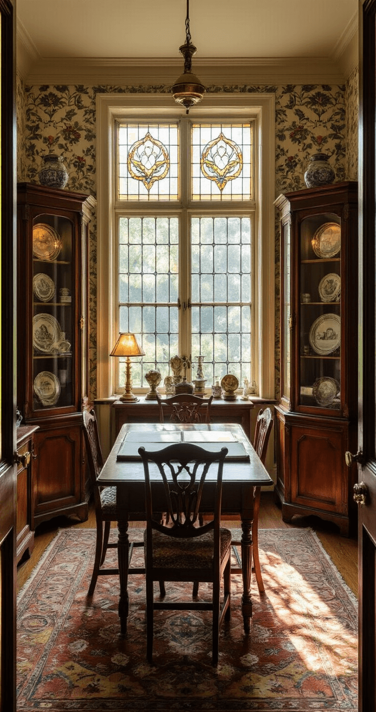 A vintage-inspired design nook featuring antique display cases filled with family heirlooms, adorned with William Morris patterned wallpaper. Warm brass picture lights illuminate the space, while golden hour light filters through leaded glass windows. A mahogany consultation table is accompanied by detailed period chairs, all arranged symmetrically to highlight the timeless elegance of the room.