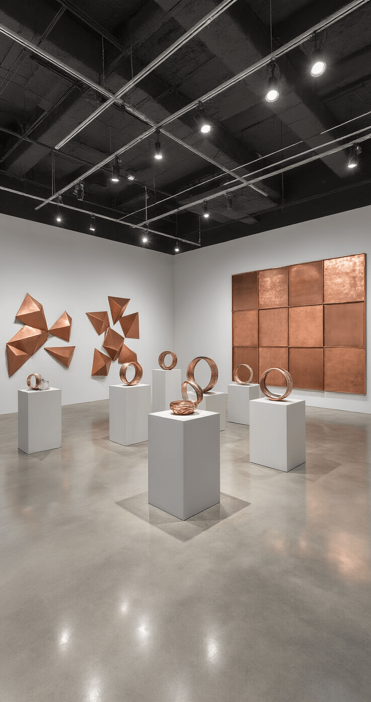 Contemporary gallery space with polished concrete floors and LED track lighting, featuring mixed-metal ring sculptures displayed on pedestals under spotlights and geometric wall installations in rose gold and copper tones, captured with a wide-angle lens.