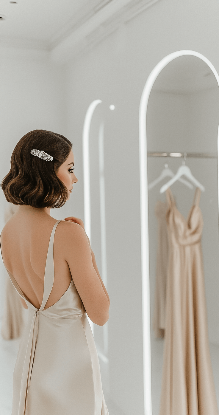 Modern bridal boutique interior featuring a bride with chin-length brunette bob styled in glamorous waves, showcasing vintage finger waves and an art deco clip, with a champagne silk slip dress nearby, shot in shallow depth of field.