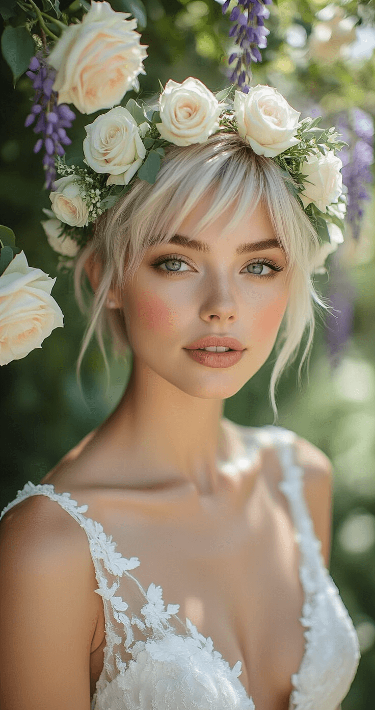 Bride with a platinum pixie cut adorned with a fresh flower crown of white spray roses and eucalyptus, captured in an intimate garden setting with climbing roses and wisteria, showcasing her textured hair and dewy makeup from a 30-degree overhead angle.