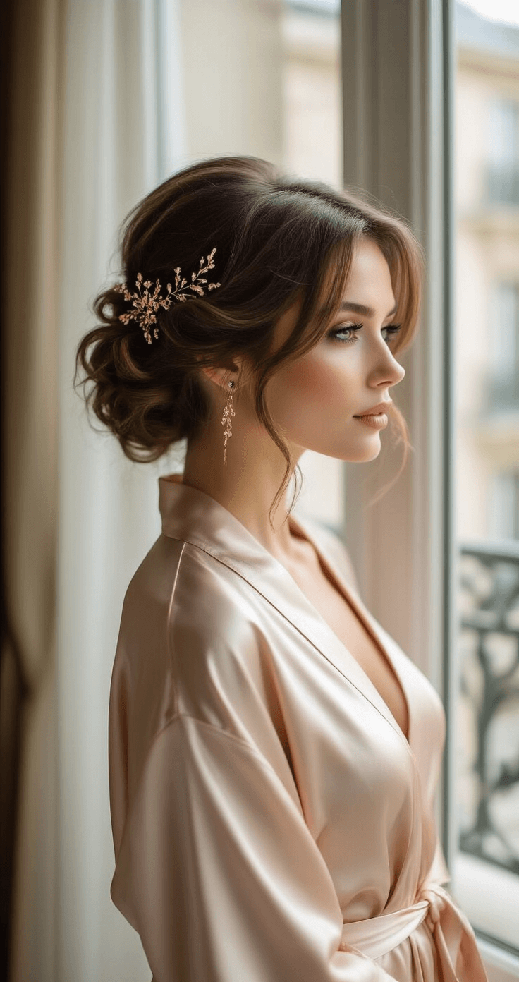 A bride with a short asymmetrical haircut styled in soft romantic curls, wearing a champagne-toned silk robe, stands in a luxe hotel suite with French doors leading to a balcony. Rose gold bobby pins form a constellation pattern in her hair, captured in a dreamy soft focus with natural backlighting.
