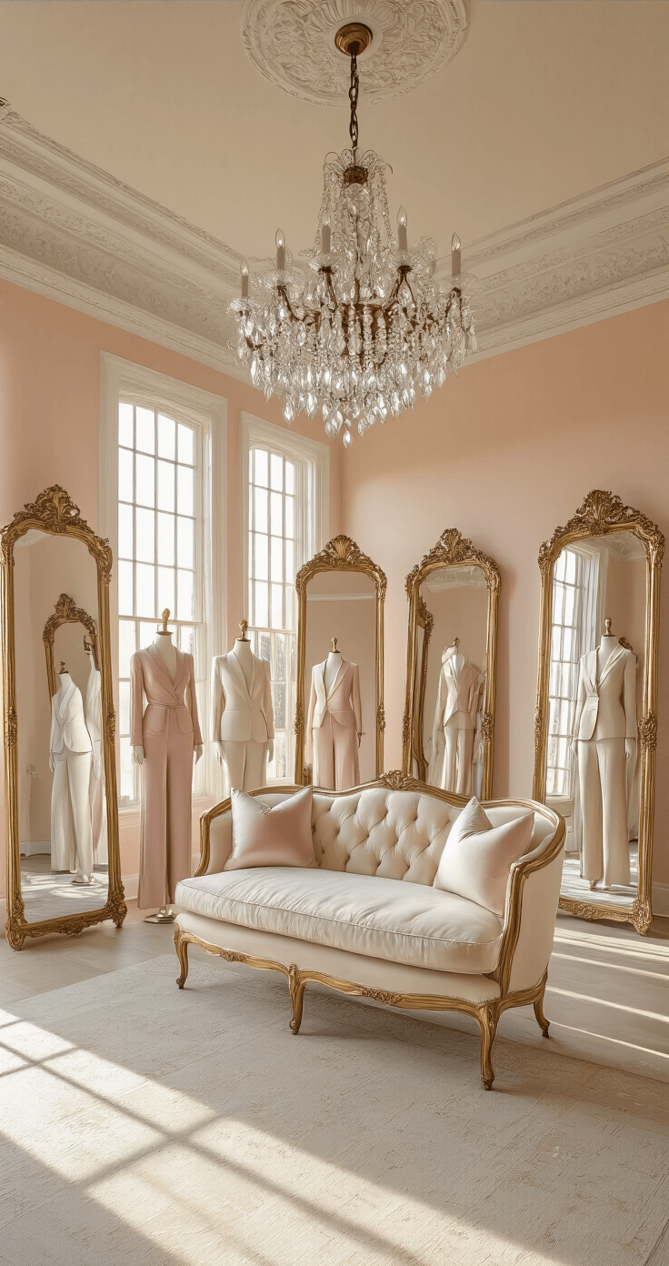 A luxurious wedding boutique dressing room featuring plush cream velvet seating, ornate crown molding, and elegant mannequins in silk and crepe pantsuits, bathed in warm golden light from tall windows and a central crystal chandelier.
