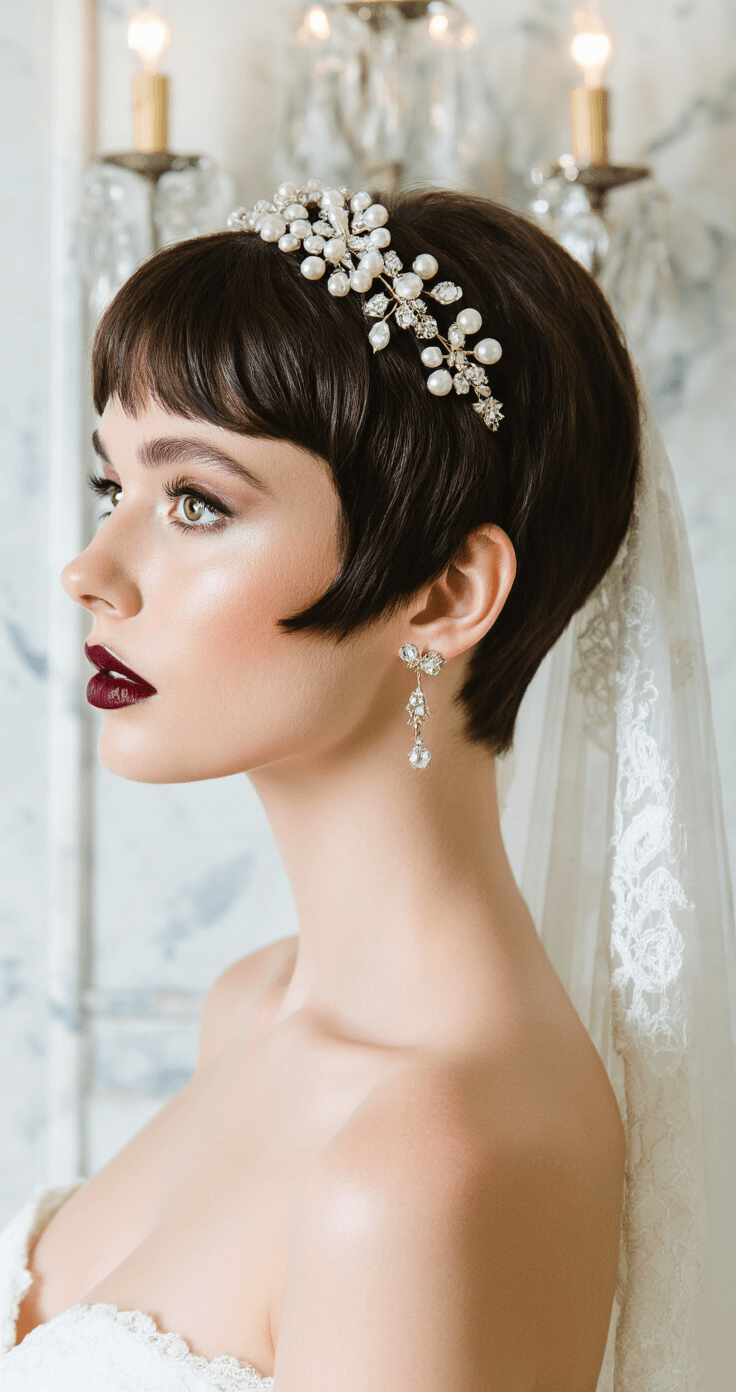 A bride with a chocolate brown pixie cut adorned with pearl pins is in a marble bathroom, surrounded by antique mirrors and crystal sconces. Her elegant makeup features burgundy lips, and a vintage lace veil is nearby, with dramatic side lighting accentuating the texture of her hair.