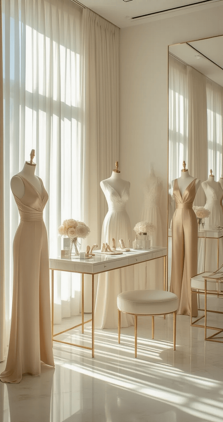 An upscale bridal salon styling suite featuring modern architecture, with morning light filtering through sheer curtains, a white marble console displaying wedding accessories, and mannequins in champagne, ivory, and blush silk palazzo pants, surrounded by mirrored walls and minimalist gold and lucite furniture.