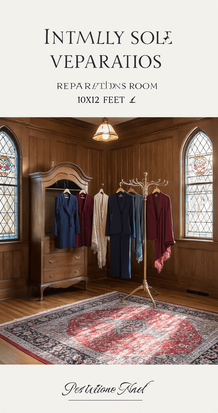 An intimate religious venue preparation room featuring traditional wood paneling and stained glass windows, illuminated by early evening light that casts colorful shadows. A vintage armoire displays modest navy and burgundy crepe pantsuits, while elegant shawls and blazers hang on a brass coat rack. The space is anchored by a rich oriental rug, with a corner shot accentuating depth and texture in the moody lighting.