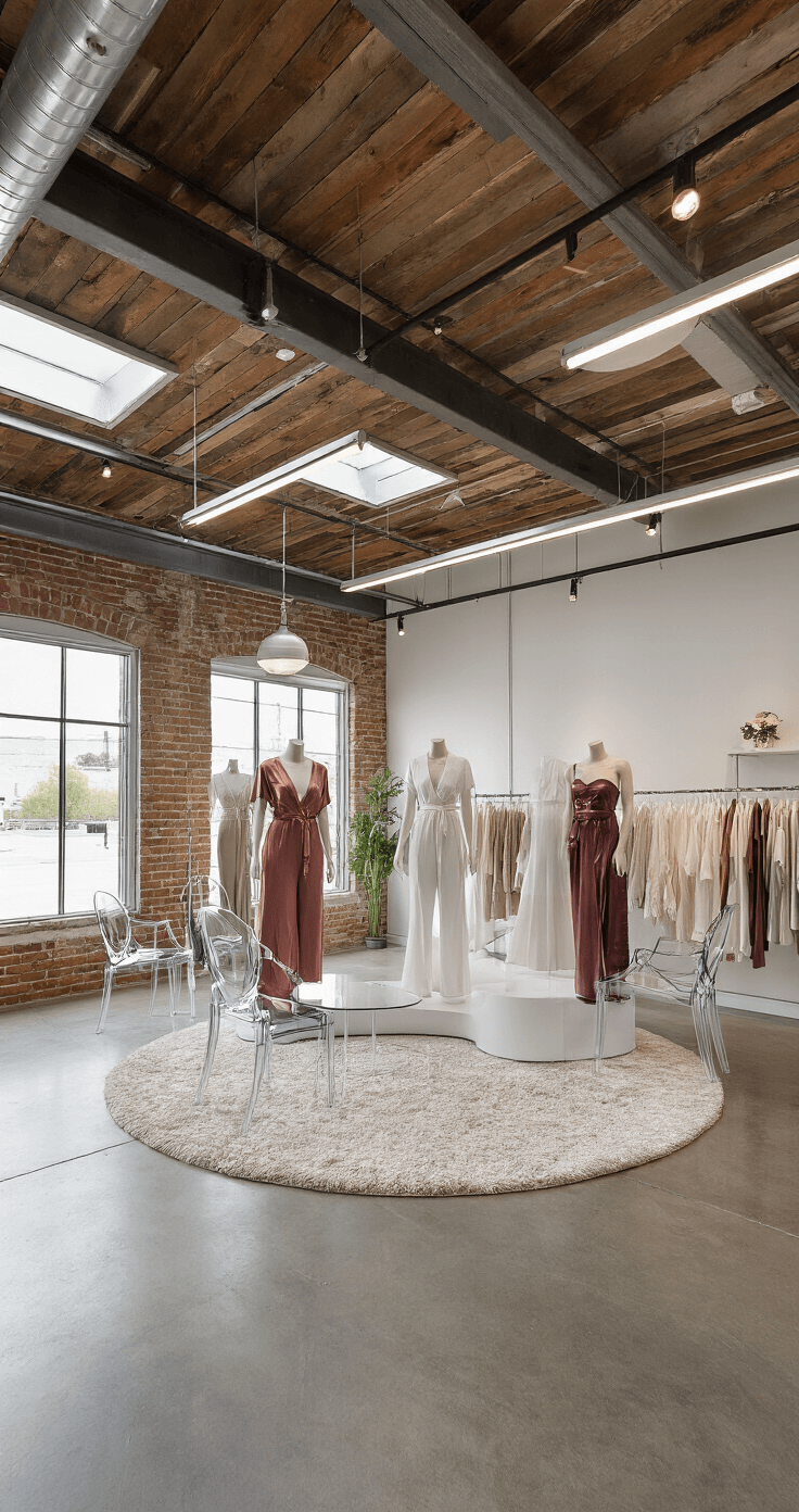 A modern bridal boutique interior featuring a circular display area of jumpsuits and tailored trousers in metallic and jewel tones, with industrial-chic exposed beams, ghost chairs, chrome fixtures, and plush area rugs, illuminated by natural sunlight streaming through skylights.