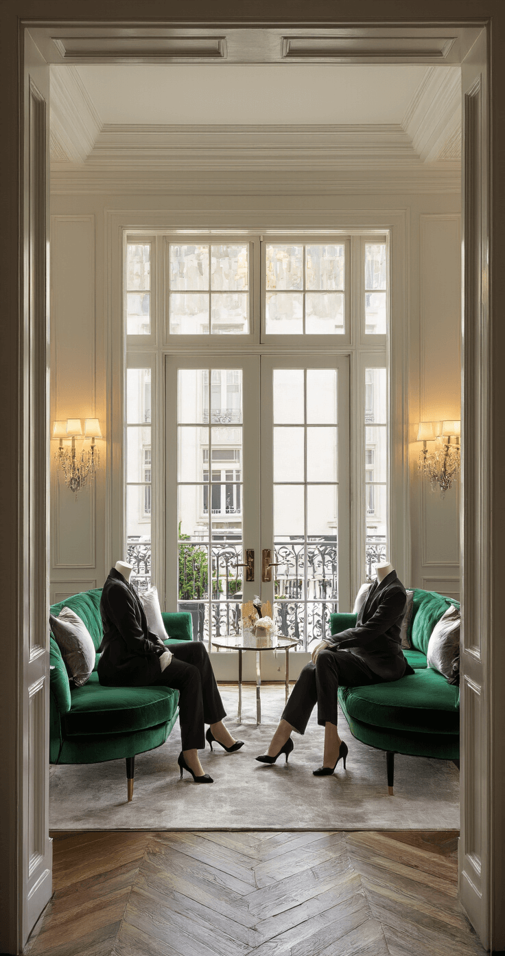 A luxurious hotel bridal suite featuring coffered ceilings and herringbone hardwood floors, bathed in golden hour light from French doors leading to a private terrace. The central seating area has an emerald velvet sofa displaying formal pantsuits in black, silver, and white, complemented by crystal sconces and contemporary art, all captured from the doorway with dramatic side lighting.