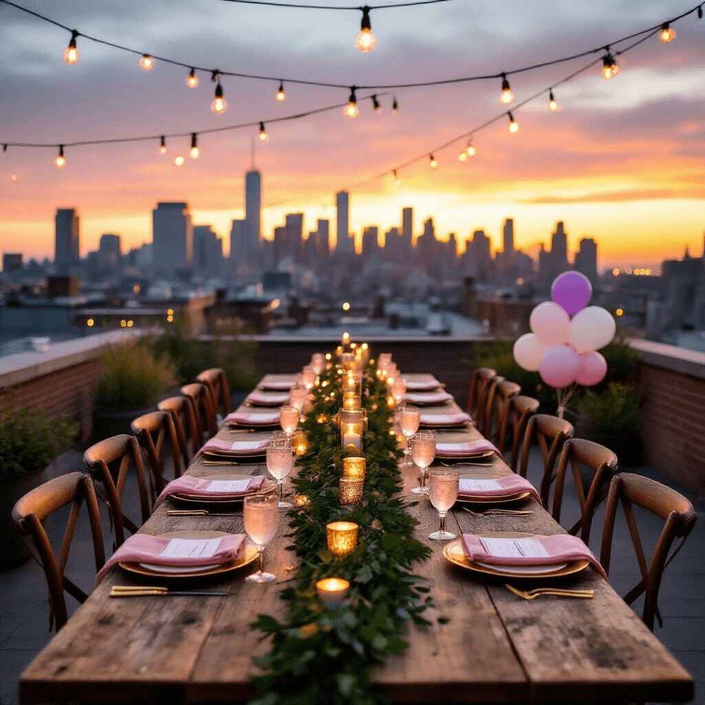 Flower Garlands: The Ultimate Guide to Creating Stunning Decor for Any Occasion An elegant rooftop cocktail party at dusk with a twinkling urban skyline, featuring a long farmhouse table decorated with a lush green garland, candles in mercury glass holders, mismatched vintage chairs, and fairy lights overhead, complemented by clusters of lavender and white balloons.