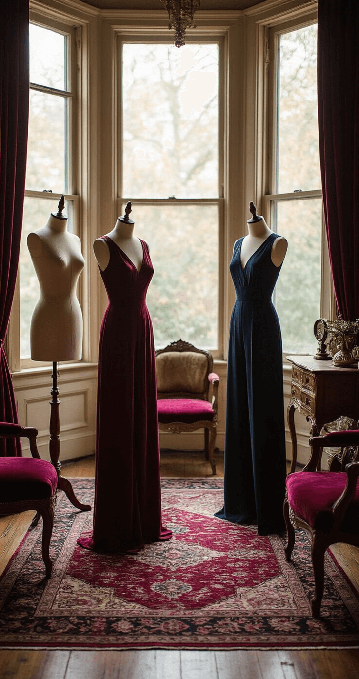 A vintage-inspired dress salon featuring original Victorian architectural details, illuminated by late morning light streaming through bay windows. Antique dress forms display jewel-toned silk wide-leg trousers and classic jumpsuits, surrounded by Persian rugs, brass mirrors, and plush velvet furnishings in deep burgundy and navy, all captured from an elevated perspective with soft, romantic lighting.