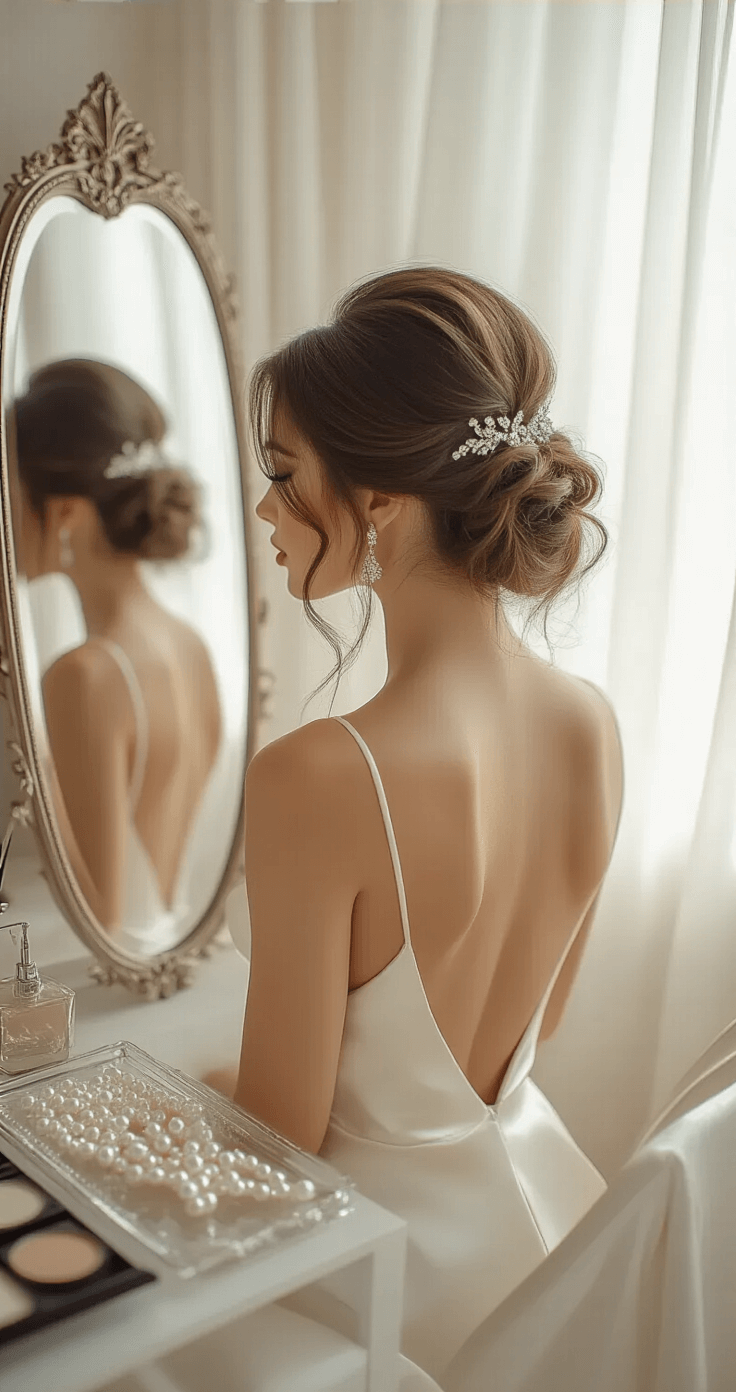 A bride with a heart-shaped face, wearing an ivory silk slip dress, sits in a bright bridal boutique, styled in a half-up hairdo with crystal pins. The scene is illuminated by soft morning light filtering through tulle curtains, with organized hairstyling tools and pearl accessories on a lucite tray, captured from the side.