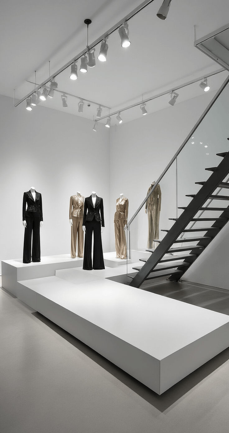 A contemporary atelier space featuring a floating mezzanine, dramatic track lighting, and minimalist white display platforms showcasing luxury metallic evening wear, with a steel and glass staircase visible, shot from above.