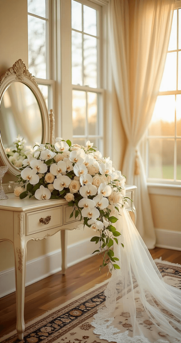 A sunlit bridal preparation room featuring a vintage vanity adorned with a cascading bouquet of white orchids and roses, complemented by a lace veil, set against soft cream walls and hardwood floors with a Persian rug.