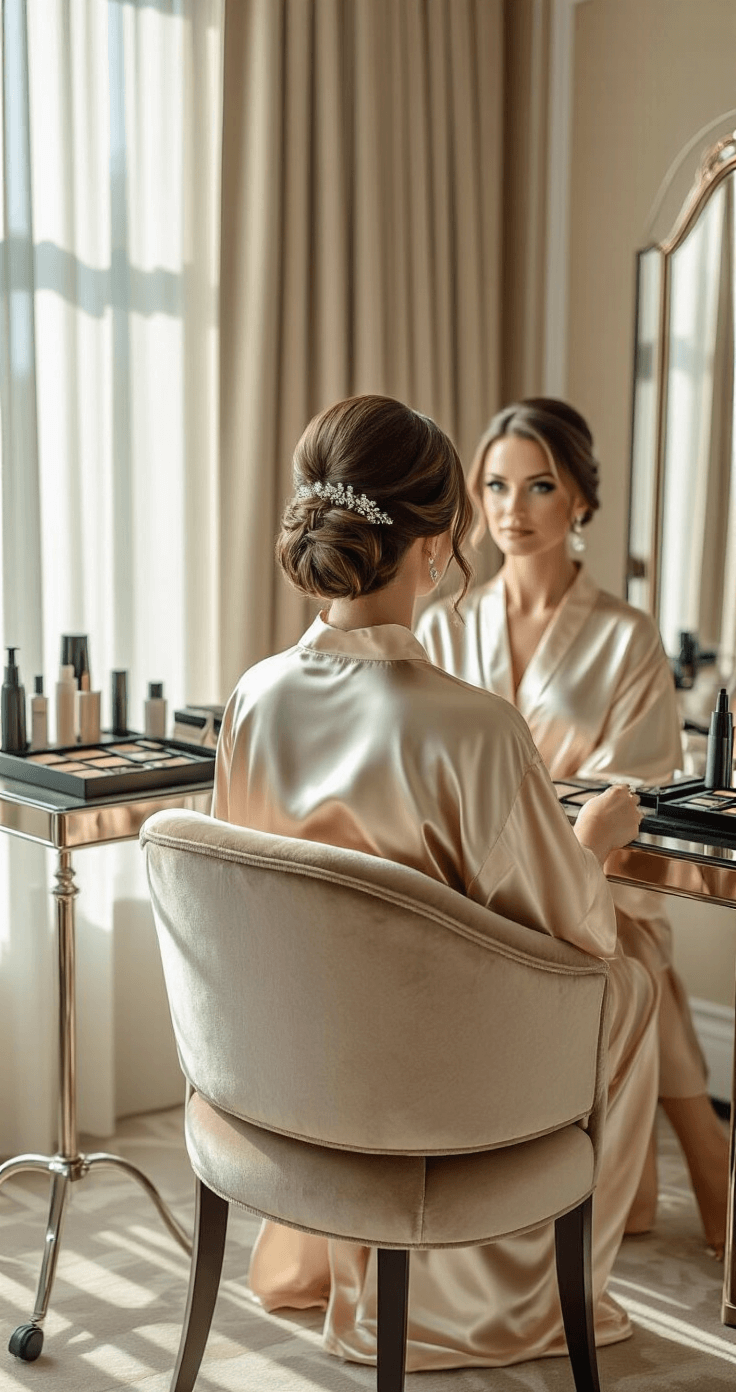 An oval-faced bride with a classic chignon hairstyle sits in a plush velvet chair, wearing a champagne-colored robe. The scene features a professional styling station with high-end tools and products, while soft afternoon light filters through floor-length drapes, casting sophisticated shadows. The shot captures the intricate details of her hairstyle from behind.