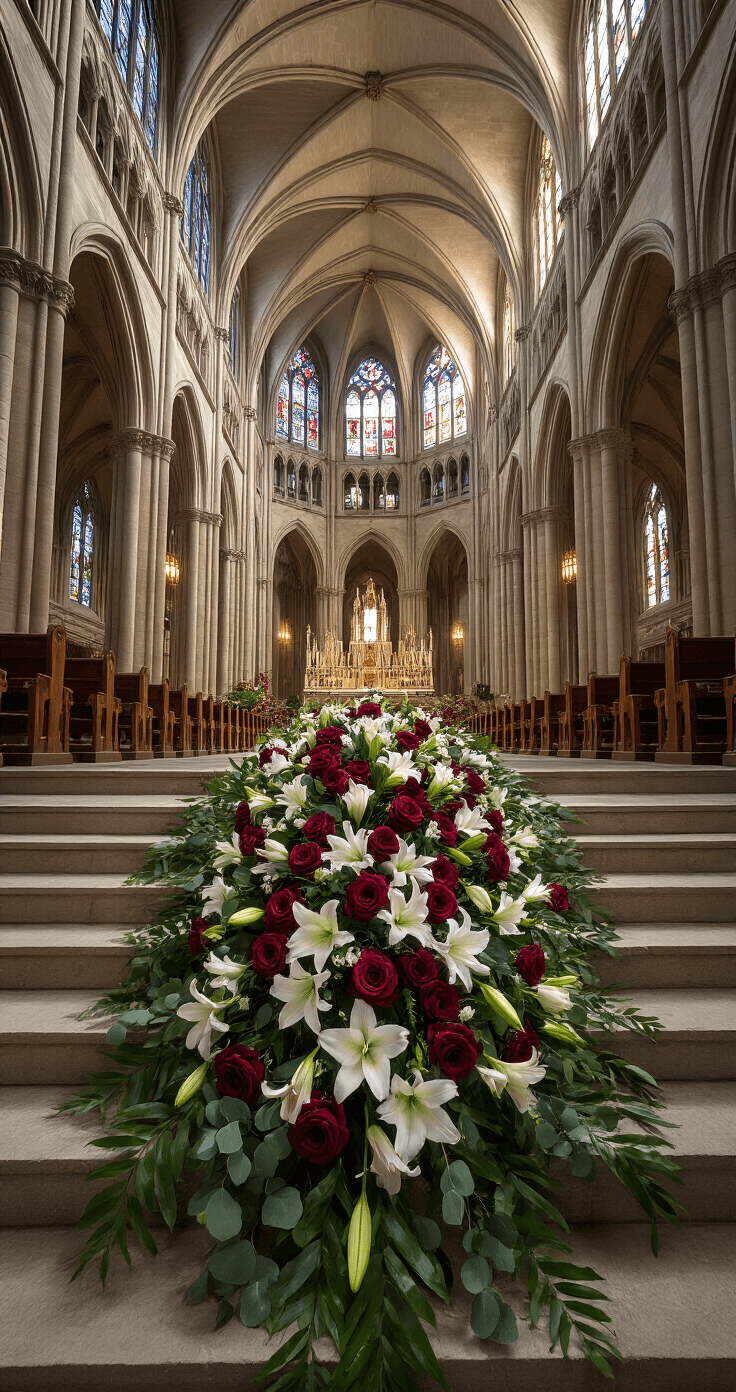 Wide-angle view of a grand cathedral altar with towering stone arches and morning light filtering through stained glass, featuring a large floral arrangement of burgundy roses and white lilies cascading down stone steps, captured from a low angle to highlight the architectural grandeur.