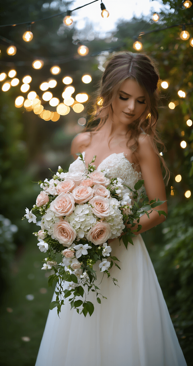 A bride in an ivory gown holds a cascading bouquet of blush garden roses, white hydrangeas, and jasmine vine in an intimate garden setting at dusk, with string lights overhead creating a soft bokeh effect in the background.