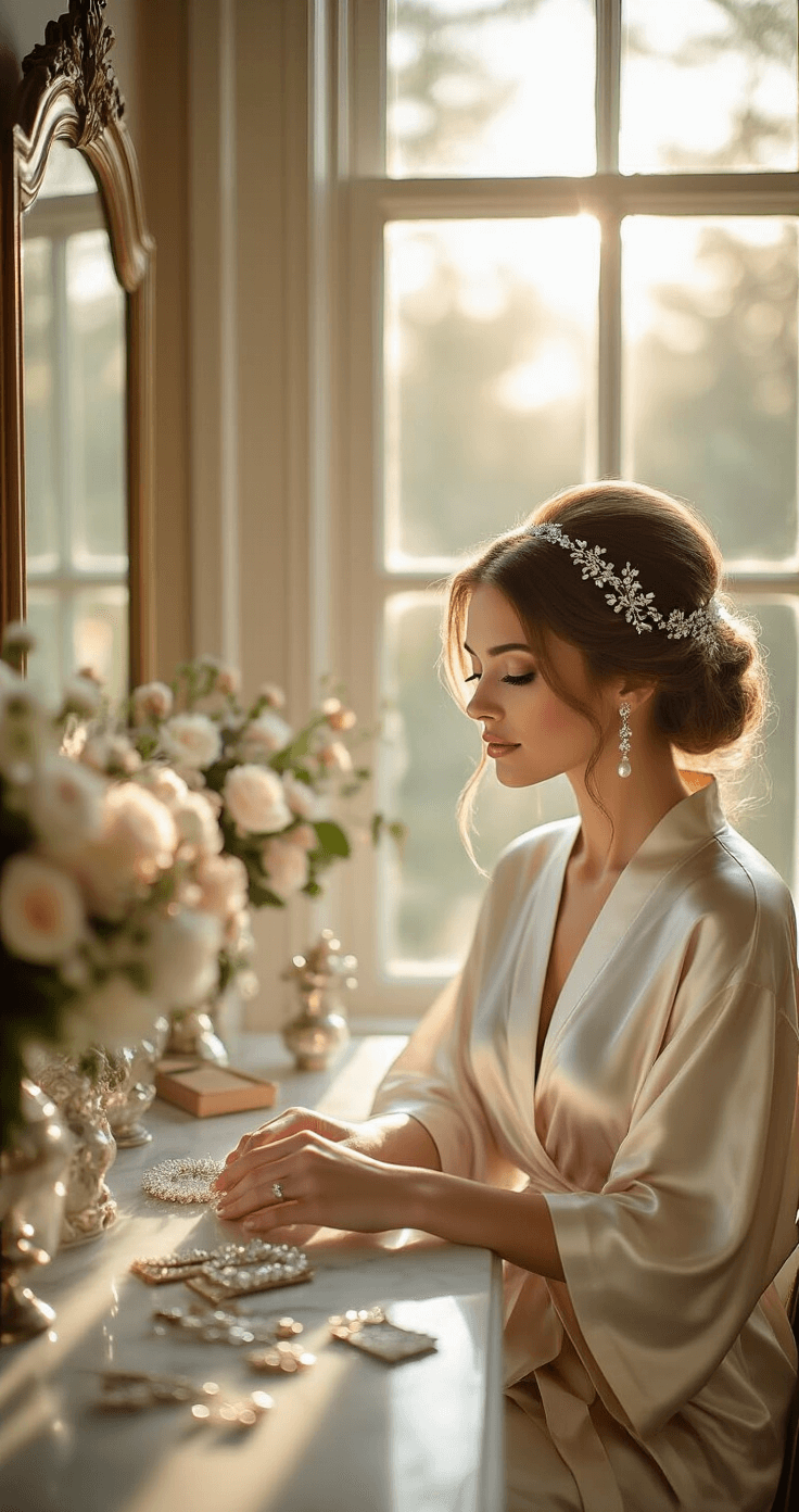 A bride in a silk robe sits at an elegant vanity, sunlight filtering through large windows, as she delicately weaves a crystal hair vine into her romantic waves, surrounded by glowing pearl drop earrings and an array of premium hair accessories on a marble counter.