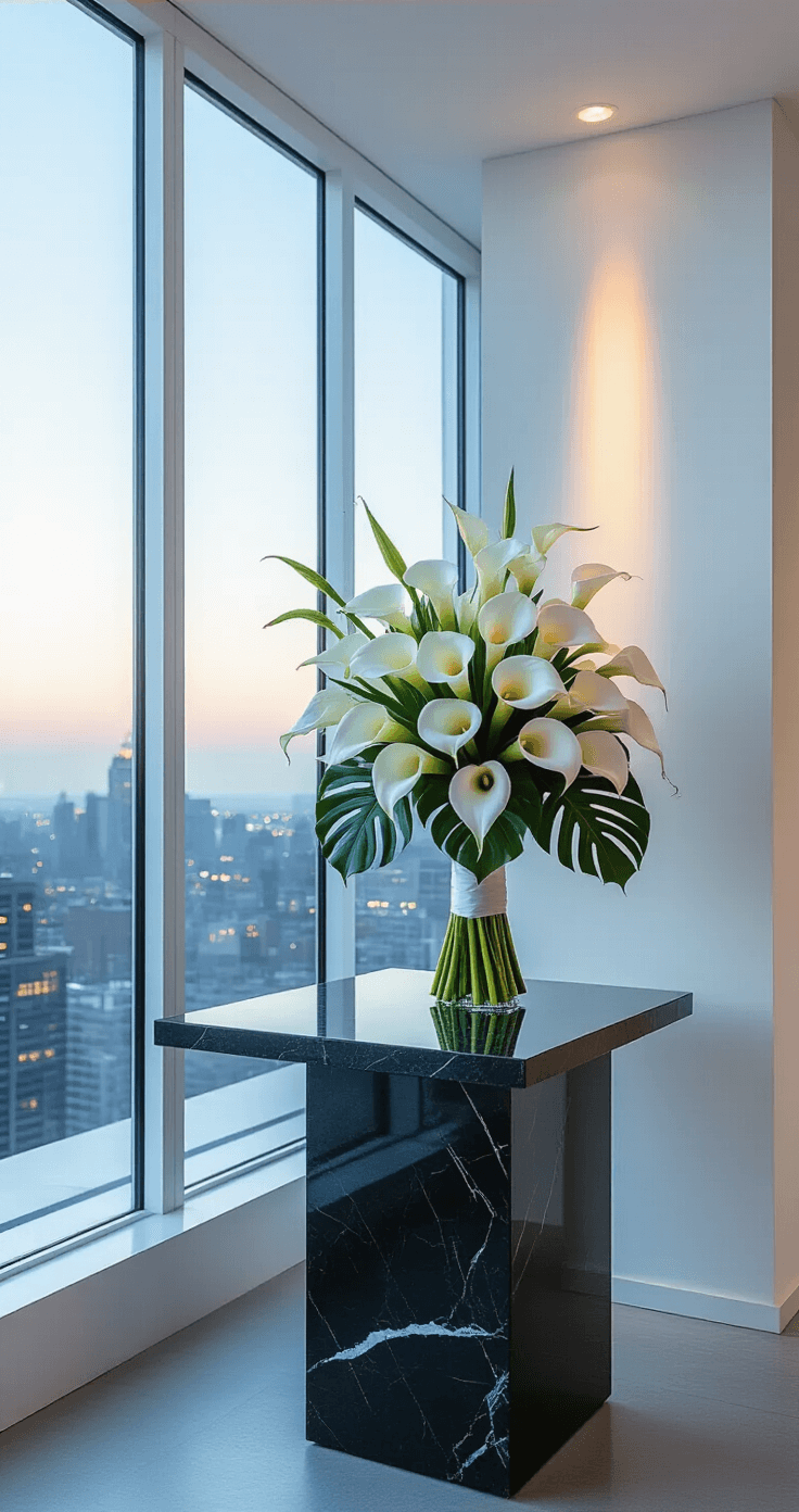 Modern minimalist rooftop venue at blue hour with clean white walls and floor-to-ceiling windows showcasing city lights, featuring a striking bouquet of white calla lilies and geometric greenery on a black marble table, captured in high contrast with dramatic side lighting and bold composition emphasizing negative space.