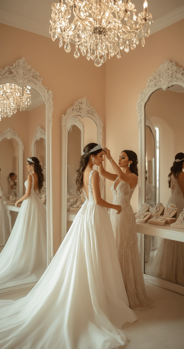 A bride in a flowing white gown stands in a luxury boutique fitting room with champagne-colored walls, while a stylist adjusts her pearl and diamond tiara. Ornate full-length mirrors and multiple tiaras on velvet stands add elegance, illuminated by warm afternoon light and a sparkling crystal chandelier overhead.