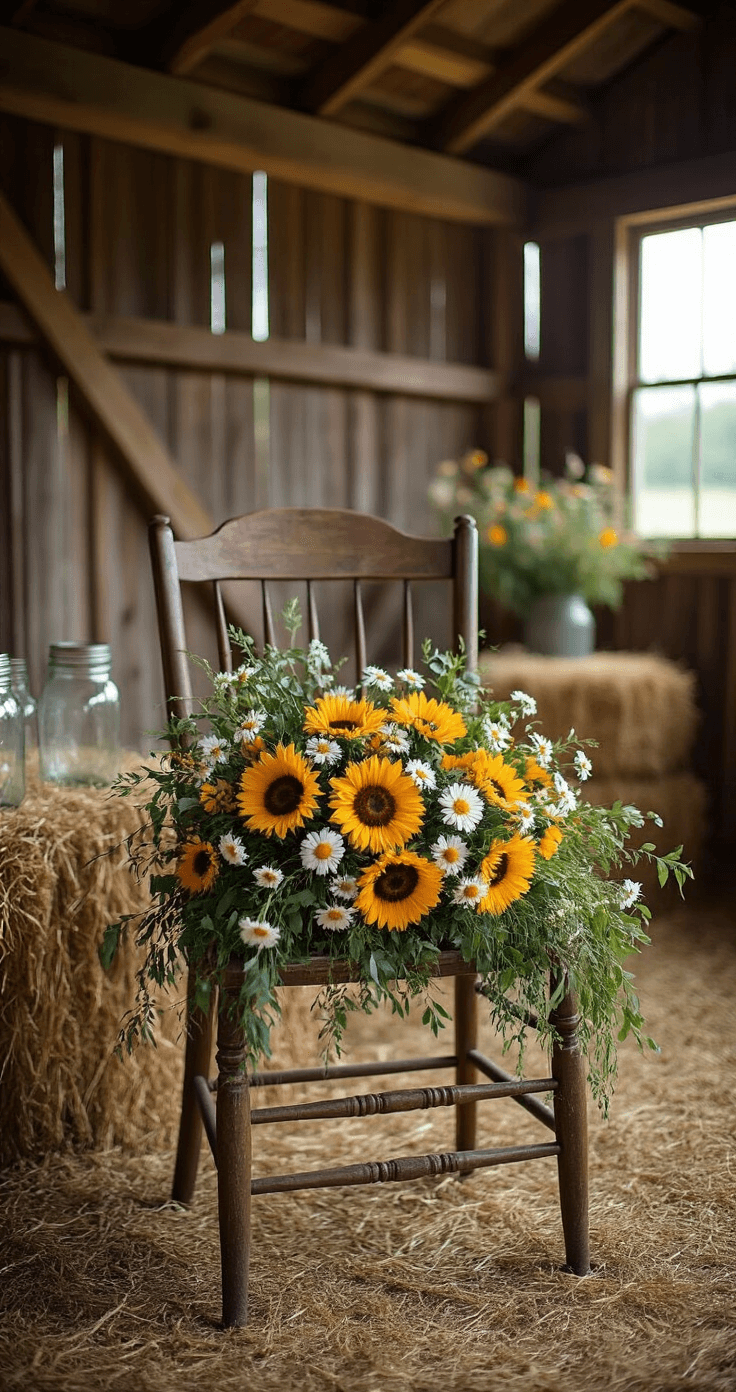 A rustic barn interior featuring exposed wooden beams and natural light filtering through slats, showcasing a cascading wildflower bouquet with sunflowers and daisies on a vintage ladder-back chair, with soft hay bales and mason jars in the background, captured from a slightly elevated angle.