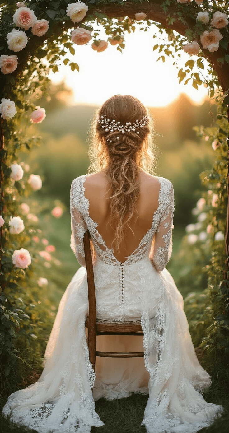 A bohemian bride in a flowing lace dress sits on a vintage wooden chair under a flowering archway, highlighting an organic gold hairpiece with pearls woven through her textured updo, accented by soft pink and white roses, all illuminated by golden hour backlight.