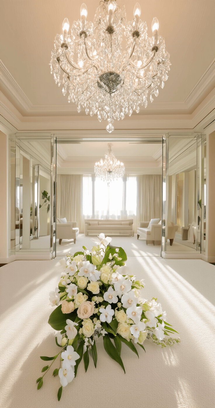 Luxury hotel suite in early morning light featuring a crystal chandelier, mirrored surfaces, and plush cream carpet, with a professional flat-lay of a cascading bouquet of premium orchids, roses, and stephanotis adorned with pearl accents, captured overhead with soft box lighting to highlight the textures and sheen.