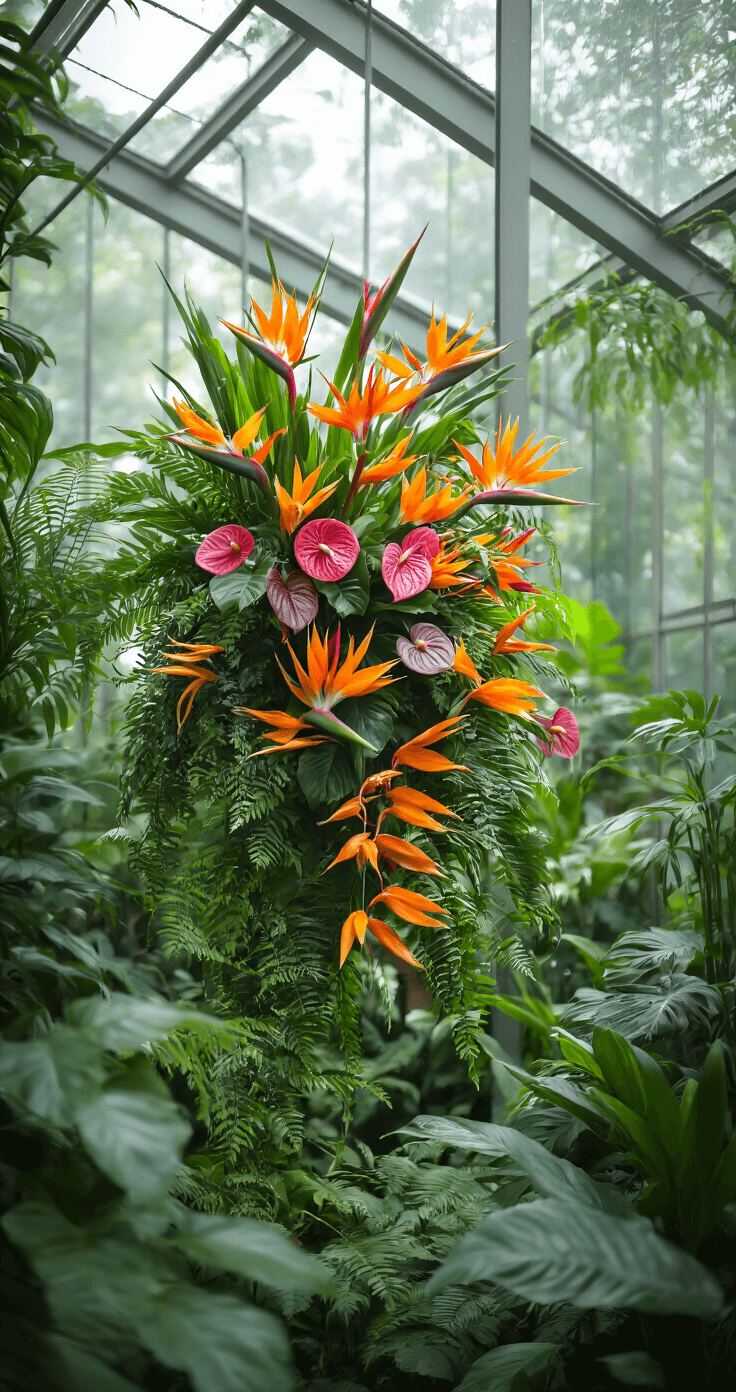 A lush greenhouse conservatory filled with tropical plants, featuring a vibrant bouquet of birds of paradise and anthuriums, viewed from plant level through lush foliage, with soft midday light filtering through glass panels and a subtle atmospheric haze.