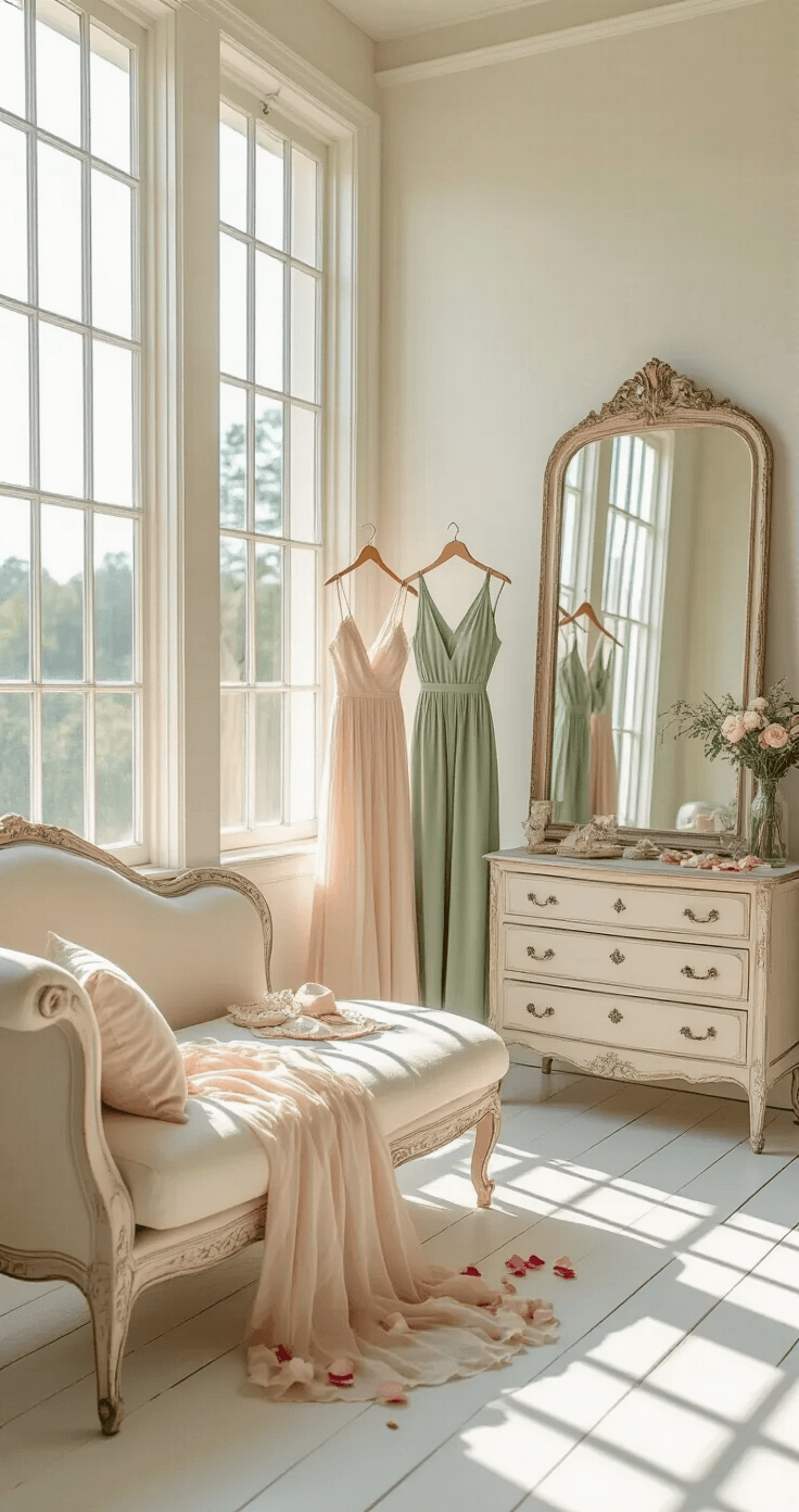 A bright and airy bridal dressing room with whitewashed wooden floors and large windows, featuring a vintage cream chaise lounge adorned with a blush linen sundress, sage green jumpsuit, and powder blue midi dress, illuminated by late morning light. A weathered full-length mirror and an antique dresser with delicate jewelry create a relaxed yet elegant atmosphere, complemented by scattered rose petals and champagne flutes.