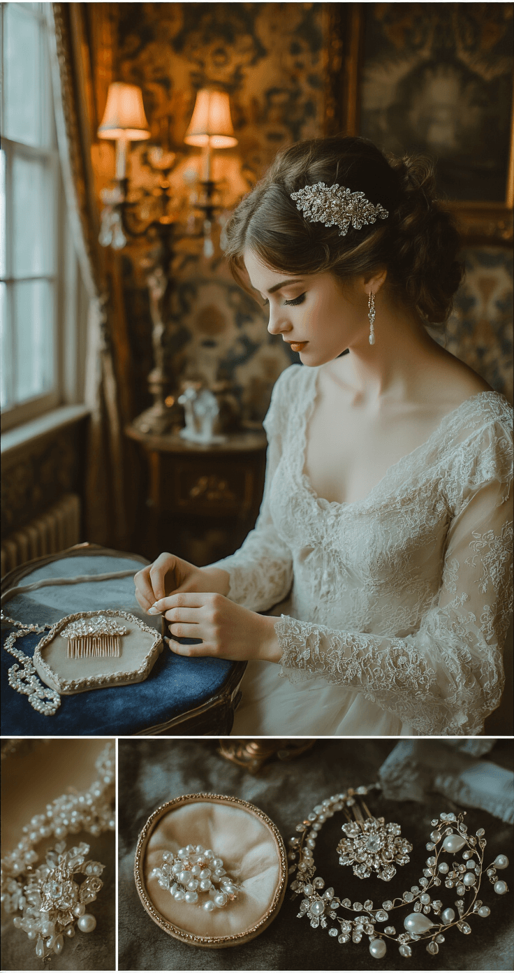 A bride in a vintage lace dress examines heirloom-quality hair accessories displayed on a velvet surface, featuring crystal combs, pearl pins, and delicate tiaras, illuminated by warm lamplight and blue hour light in a Victorian-inspired boudoir with antique furnishings and ornate wallpaper.