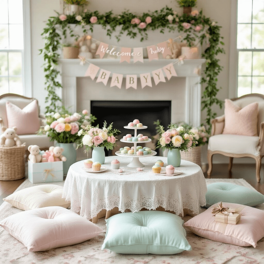 Flower Garlands: The Ultimate Guide to Creating Stunning Decor for Any Occasion A cozy baby shower setup in a bright living room featuring a lace-covered table with pastel desserts, fresh flower arrangements, a 'Welcome Baby' banner, plush pillows, and soft toys.