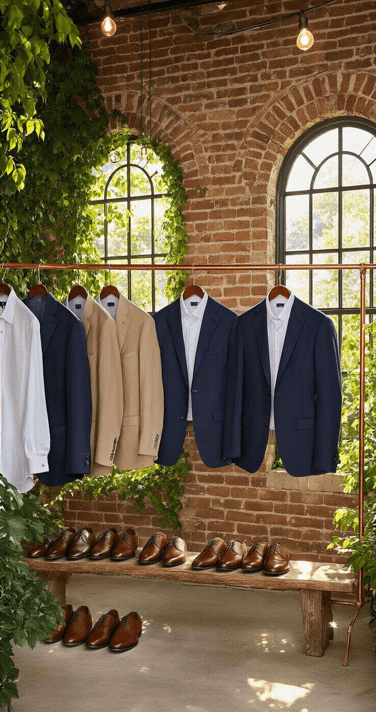 An airy garden venue preparation space with exposed brick walls and trailing ivy, featuring golden hour lighting filtering through arched windows. Men's casual wedding attire, including pressed earth-tone chinos, crisp white button-downs, and navy blazers, is arranged on copper hanging racks, with leather dress shoes perfectly lined up on a rustic wooden bench. The image captures the height of the space in a wide-angle shot, blending natural and artificial lighting to convey a sophisticated masculine atmosphere.