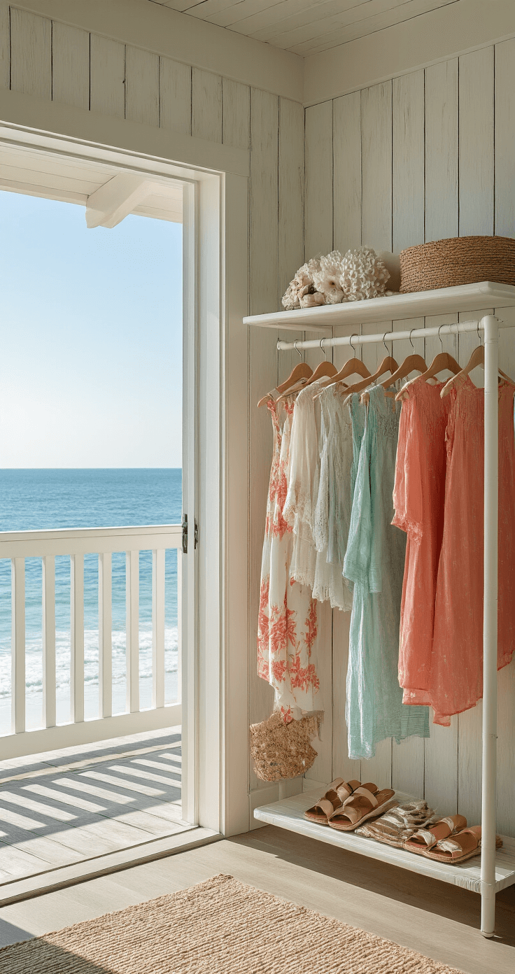 A coastal beach house dressing suite featuring weathered shiplap walls and panoramic ocean views, adorned with flowing fabrics in seafoam, coral, and sand tones, displaying dressy sandals and accessories on floating shelves, with seashells and driftwood accents, and illuminated by mid-morning light creating patterns on the walls.