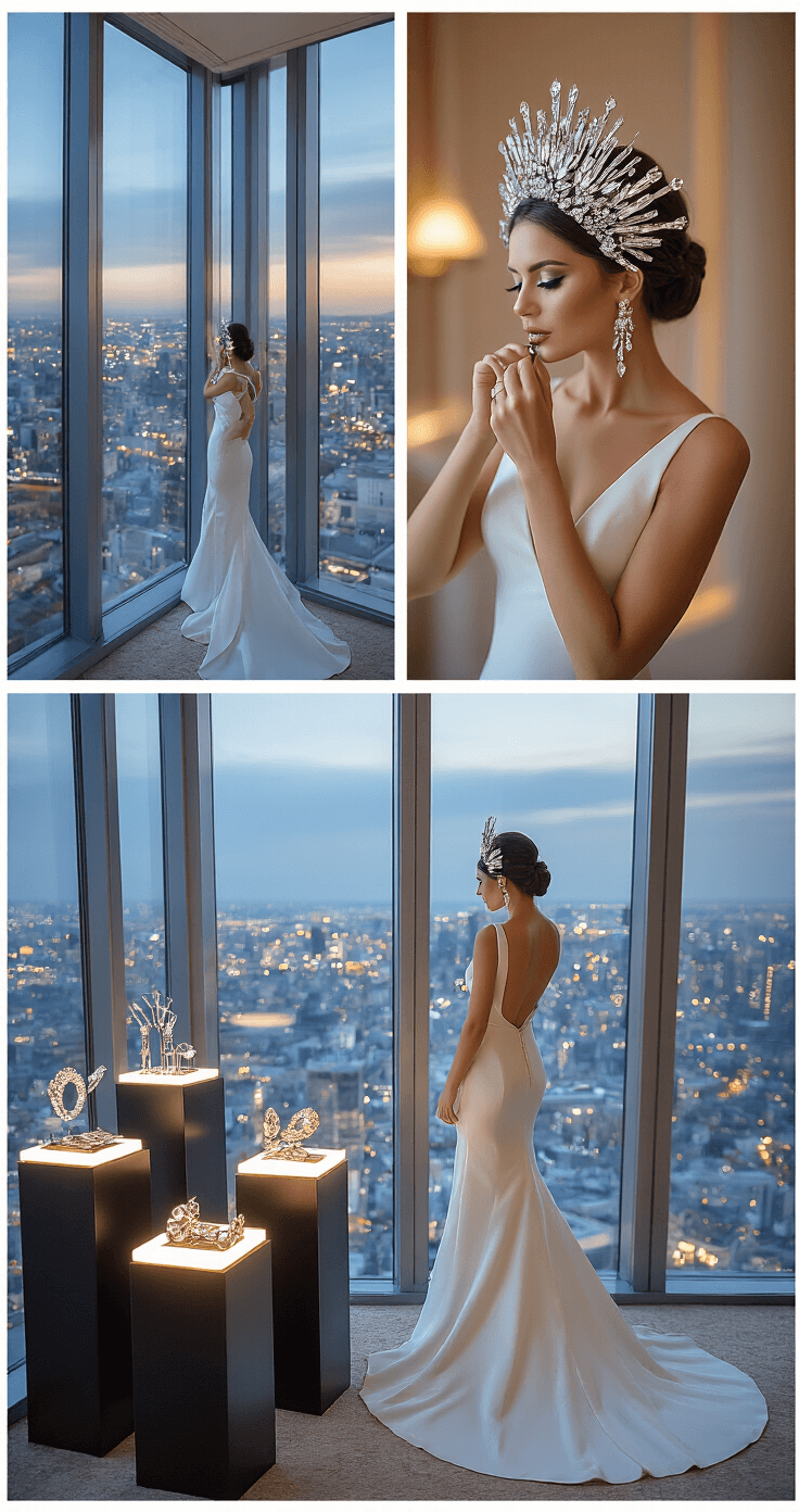 A bride in a sleek modern gown examines a statement headpiece with dramatic crystals in an opulent hotel suite, with floor-to-ceiling windows revealing city lights transitioning from golden hour to blue hour. Luxury hair accessories are displayed on illuminated pedestals, while dramatic side lighting enhances their sparkle and dimension.