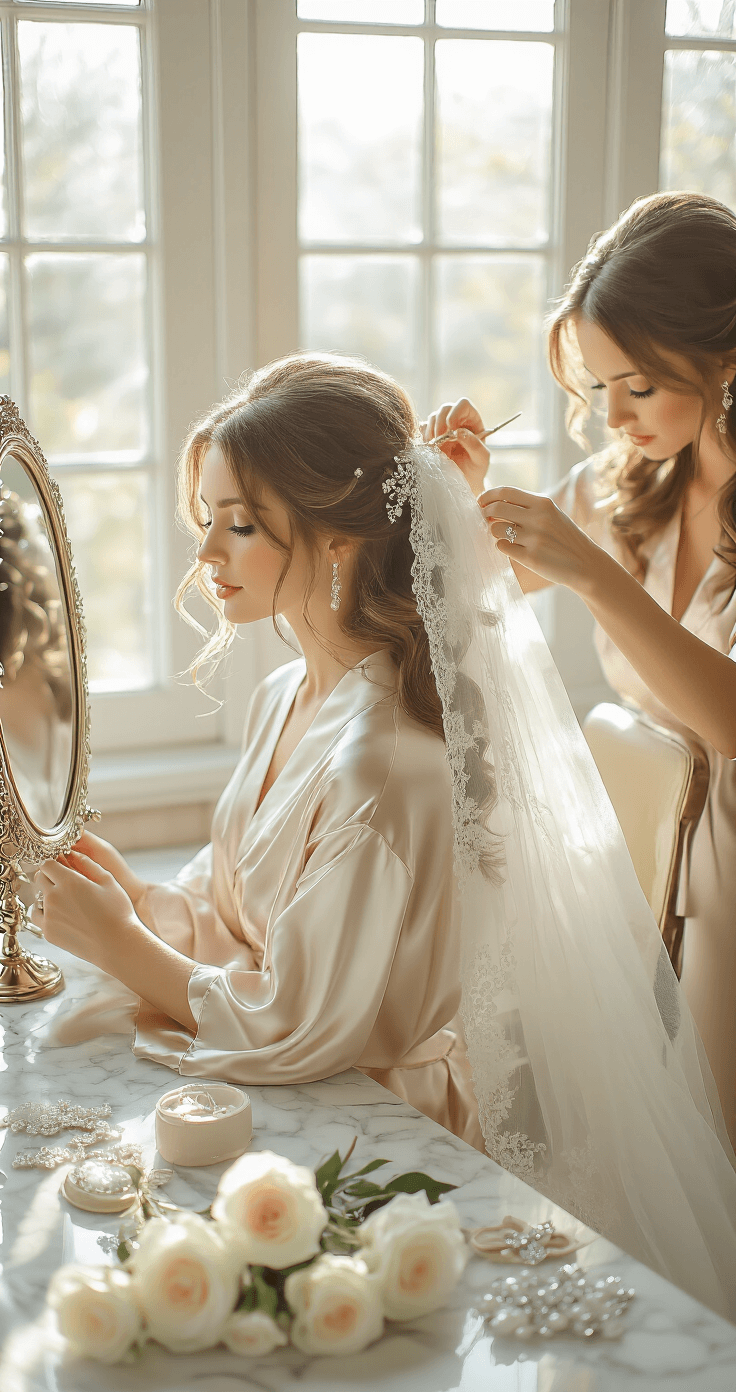 Half Up Half Down Bridal Hair: Your Ultimate Styling Sunlit bridal suite with floor-to-ceiling windows; bride in vintage silk robe at elegant vanity, hairstylist creating soft waves; romantic half-up hairstyle in progress with pearl pins on marble counter; delicate lace veil and crystal accessories nearby; fresh white roses arranged artfully; natural light and shallow depth of field highlighting hair details from a 45-degree angle.