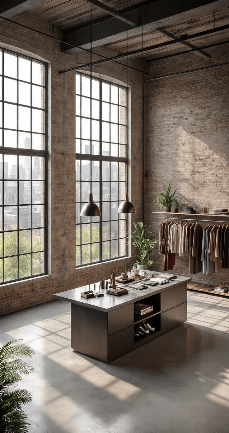 A modern urban loft with polished concrete floors, industrial windows casting shadows, featuring contemporary clothing displays in jewel tones, a central island with accessories, and minimalist styling accented by plants.