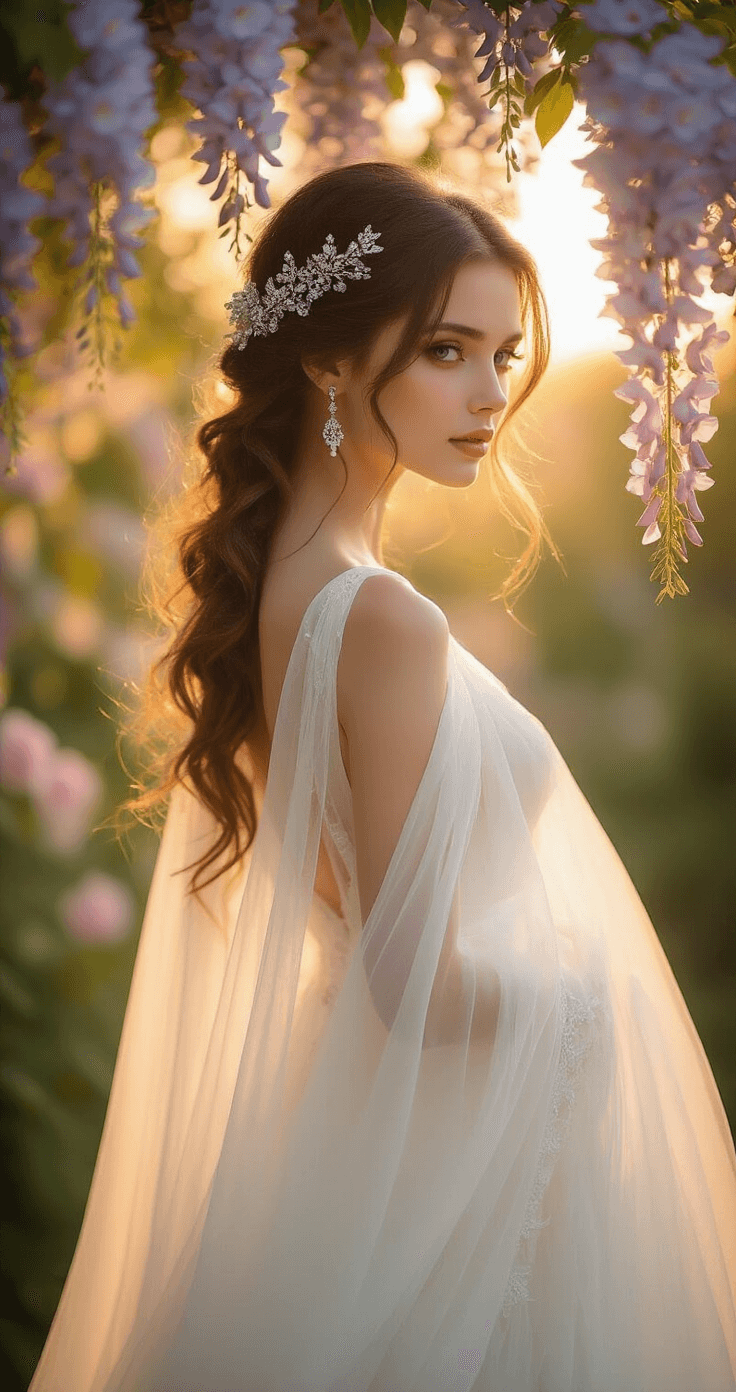 Half Up Half Down Bridal Hair: Your Ultimate Styling Bride in a flowing white gown standing beneath a blooming wisteria arch during golden hour, with loose curls adorned by a crystal and pearl hairpiece, side profile showcasing layered hair against a soft pastel floral background in a dreamy, romantic setting.