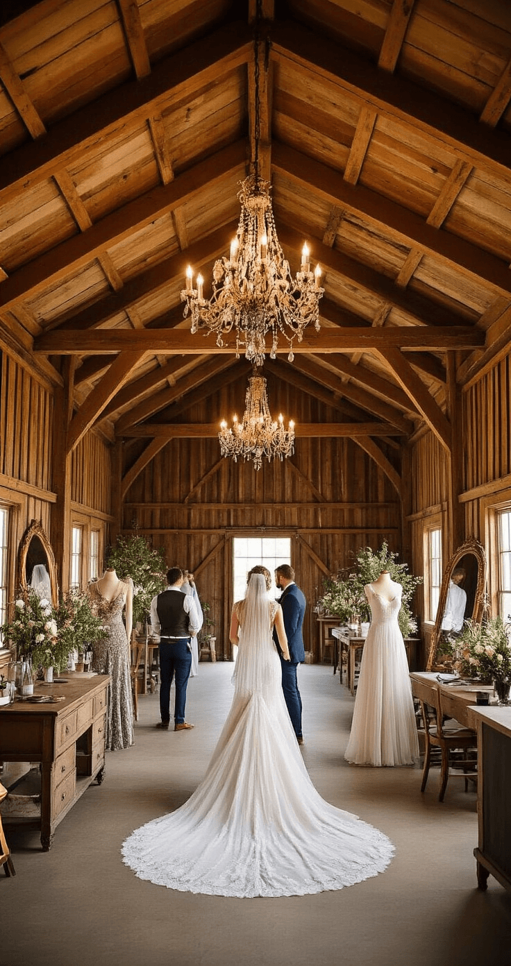 A spacious converted barn venue's preparation room with wooden beams, vintage chandeliers, and various styling stations showcasing mixed casual wedding attire for men and women, surrounded by rustic furniture and mirrors with copper accents, all under natural and warm artificial lighting, featuring wildflower arrangements and vintage dress forms.