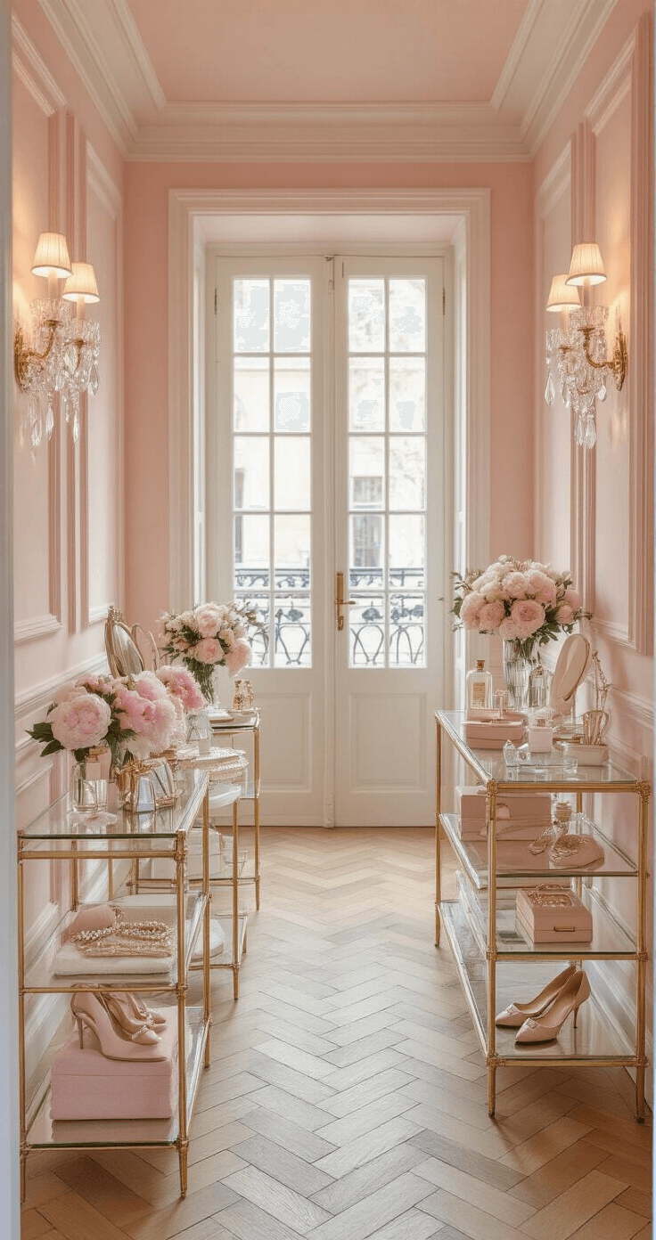 Intimate boutique dressing salon with blush velvet walls and herringbone floors showcasing wedding accessories on glass and gold shelving, illuminated by crystal sconces and afternoon sunlight through French doors.