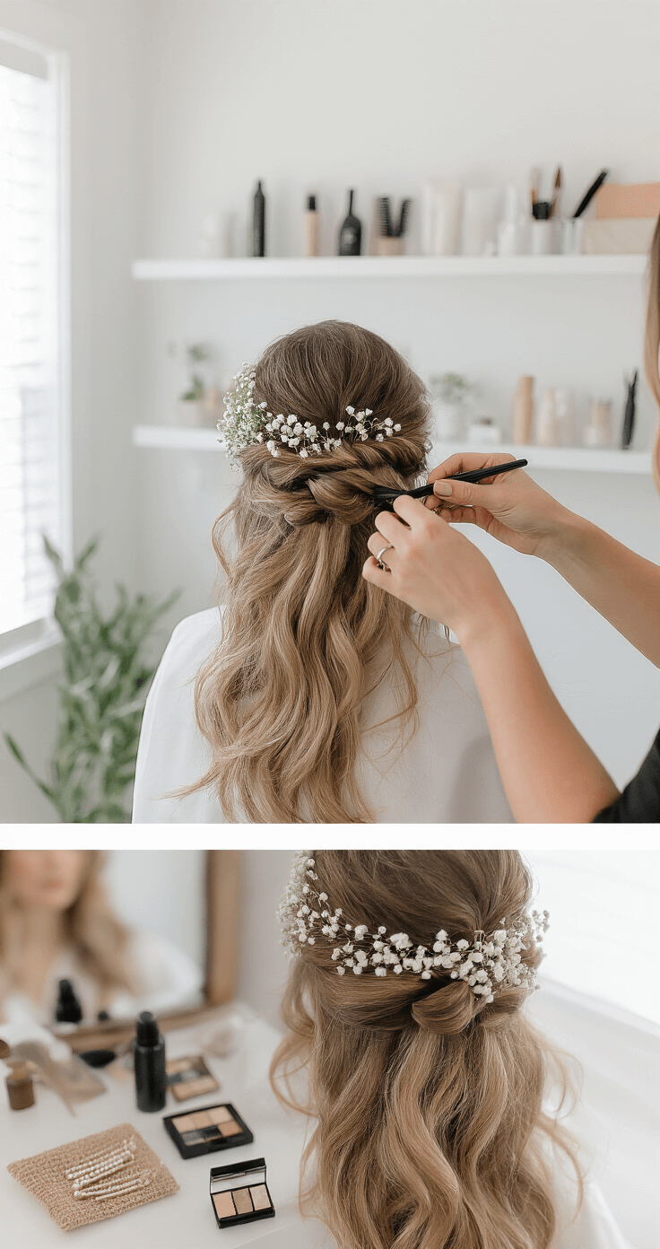 Half Up Half Down Bridal Hair: Your Ultimate Styling A modern bridal prep room with white walls features a hairstylist adding baby's breath flowers to a half-up twist, showcasing textured waves illuminated by soft morning light. Styling products and pearl pins are arranged in the foreground, capturing an intricate pinning technique from behind.
