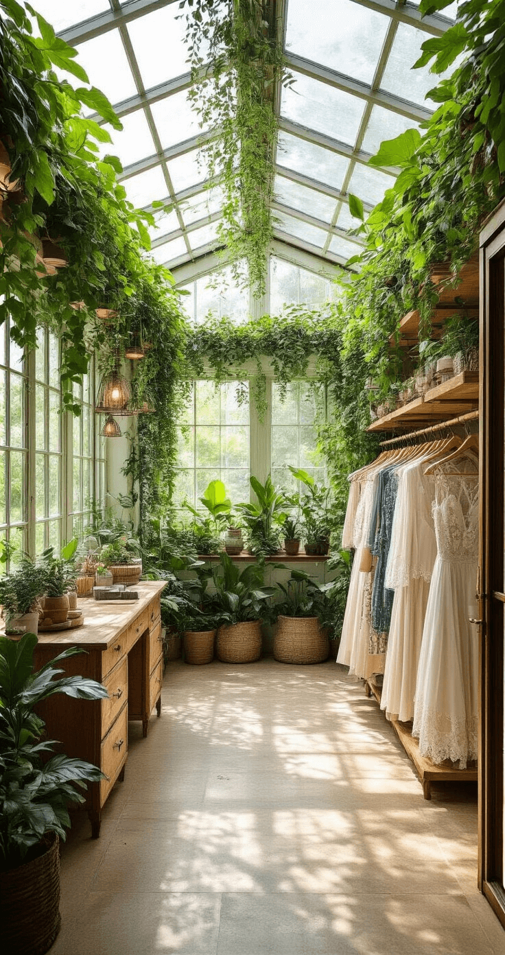 A bird's eye view of a greenhouse-inspired dressing space featuring a glass ceiling and living plant walls, with dappled midday light creating organic patterns. Casual wedding attire in seasonal colors is displayed among potted trees and hanging vines, complemented by natural wood furniture and brass clothing racks. The styling incorporates botanical elements and natural textures.