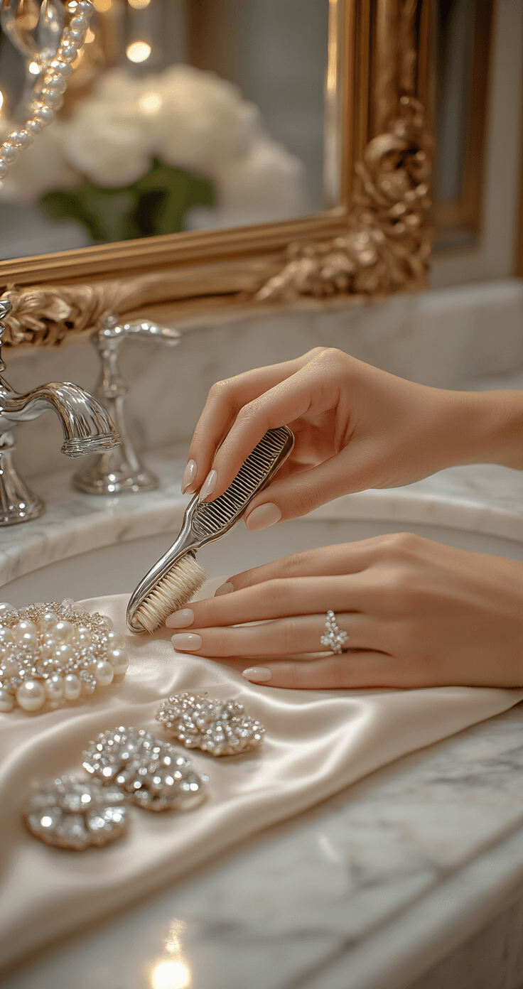 Half Up Half Down Bridal Hair: Your Ultimate Styling A luxurious hotel suite bathroom featuring marble countertops with soft vanity lighting, showcasing hands applying final touches to an elegant half-up hairstyle using a vintage silver hairbrush in front of an antique mirror, with sophisticated pearl and crystal hair accessories displayed on silk fabric in an intimate documentary-style shot.